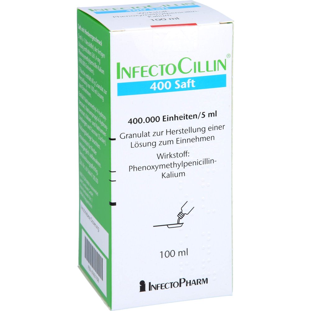 Das Produktfoto zeigt Infectocillin 400 Saft Gra.Z.Her.Lsg.Z.Einn. (100 ml) PZN 01831708