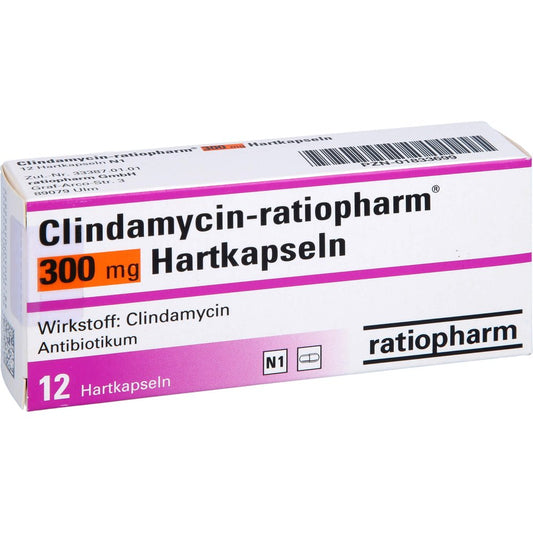 Das Produktfoto zeigt Clindamycin-Ratiopharm 300 Mg Hartkapseln (12 stk) PZN 01833699