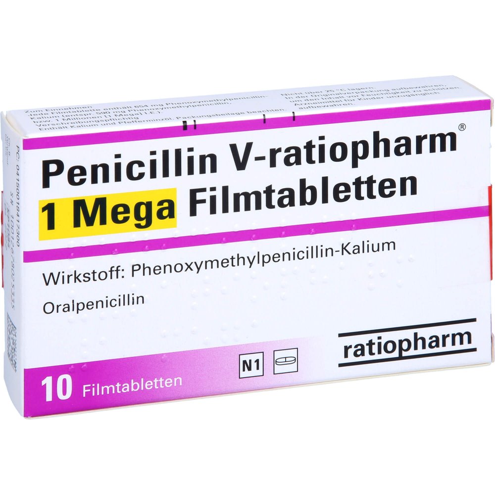 Das Produktfoto zeigt Penicillin V-Ratiopharm 1 Mega Filmtabletten (10 stk) PZN 01841730