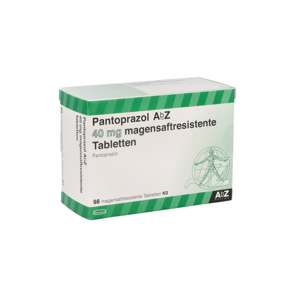 Das Produktfoto zeigt Pantoprazol Abz 40 Mg Magensaftres.Tabletten (98 stk) PZN 01841977