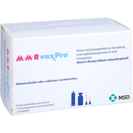 Das Produktfoto zeigt M-M-Rvaxpro P.+Lm H.Inj.-Susp.Fertigspr.M.Kanüle (10X0.5 ml) PZN 01849588