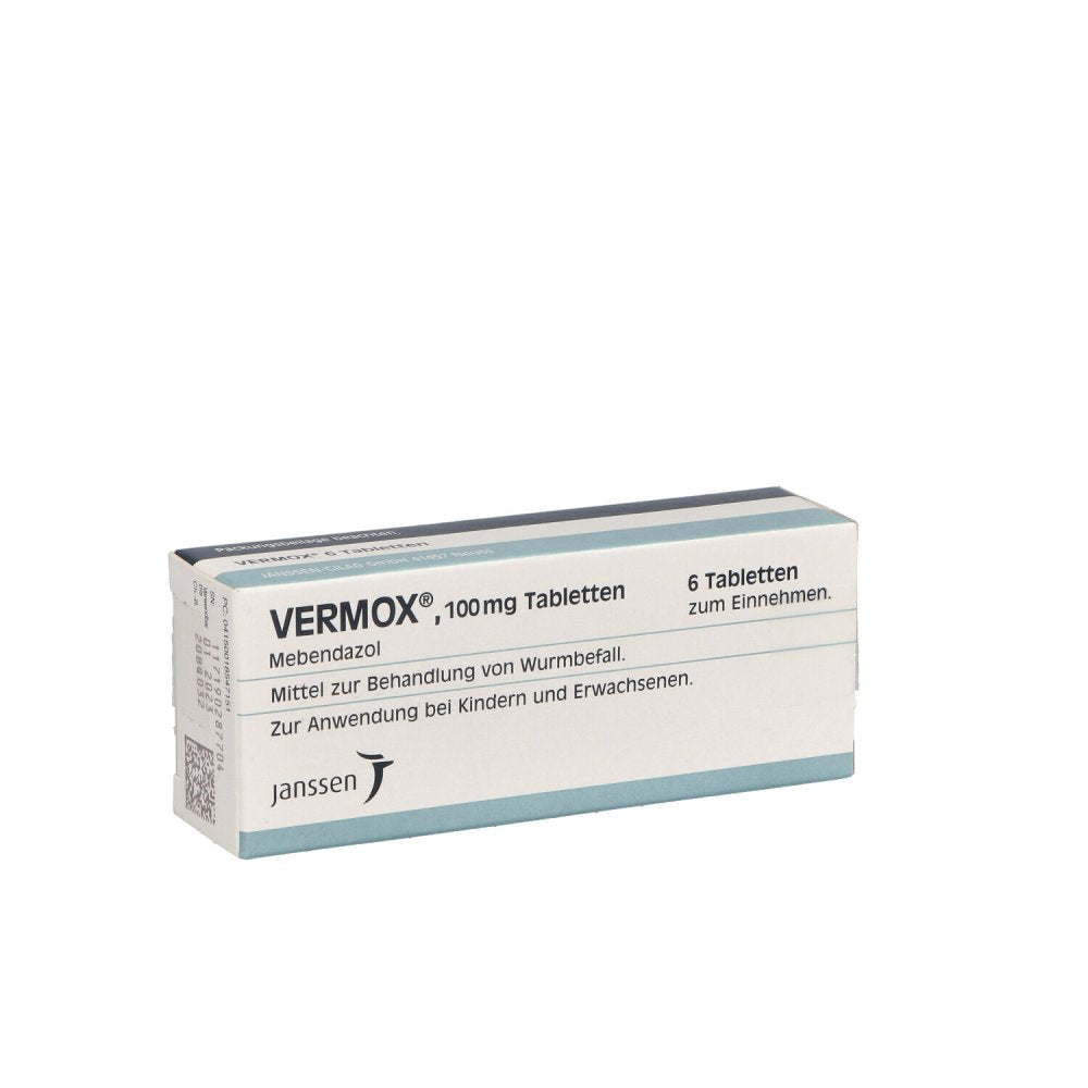 Das Produktfoto zeigt Vermox 100 Mg Tabletten (6 stk) PZN 01854715