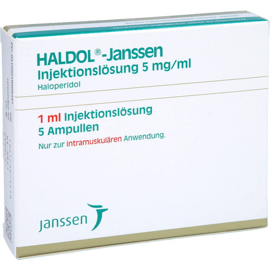 Das Produktfoto zeigt Haldol Janssen Injektionslösung 5 Mg/Ml Amp. (5X1 ml) PZN 01856849
