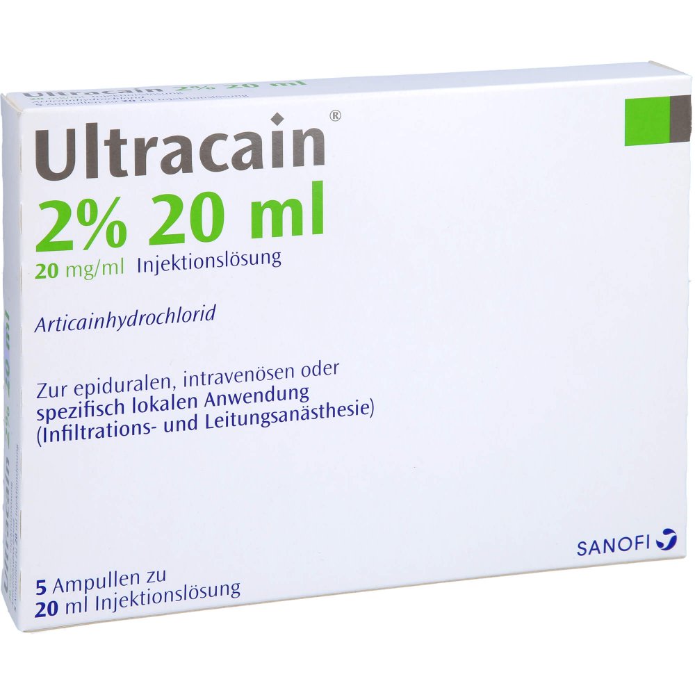 Das Produktfoto zeigt Ultracain 2% Ampullen (5X20 ml) PZN 01857754