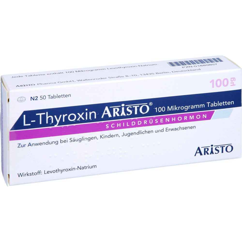 Das Produktfoto zeigt L-Thyroxin Aristo 100 Mikrogramm Tabletten (50 stk) PZN 01880807