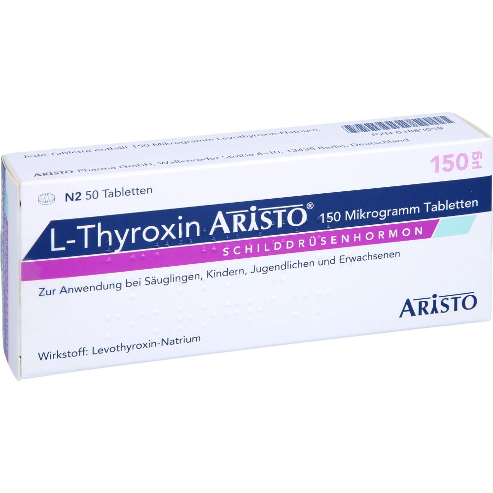 Das Produktfoto zeigt L-Thyroxin Aristo 150 Mikrogramm Tabletten (50 stk) PZN 01883059