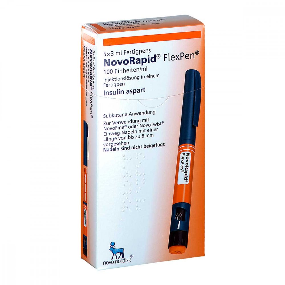Das Produktfoto zeigt Novorapid Flexpen 100 E/Ml Inj.-Lsg.I.E.Fertigpen (5X3 ml) PZN 01884952