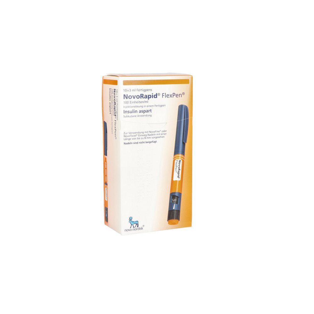 Das Produktfoto zeigt Novorapid Flexpen 100 E/Ml Inj.-Lsg.I.E.Fertigpen (10X3 ml) PZN 01884981