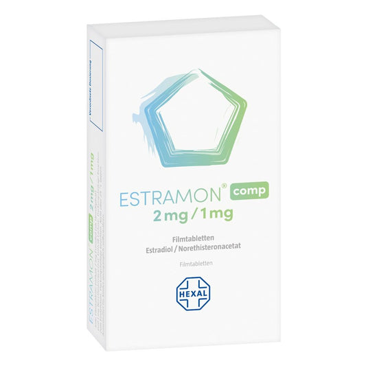 Das Produktfoto zeigt Estramon Comp 2 Mg/1 Mg Filmtabletten (28 stk) PZN 01888714