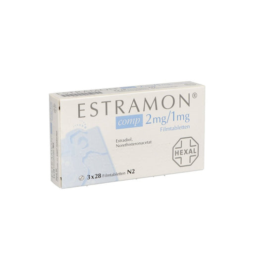 Das Produktfoto zeigt Estramon Comp 2 Mg/1 Mg Filmtabletten (3X28 stk) PZN 01888737