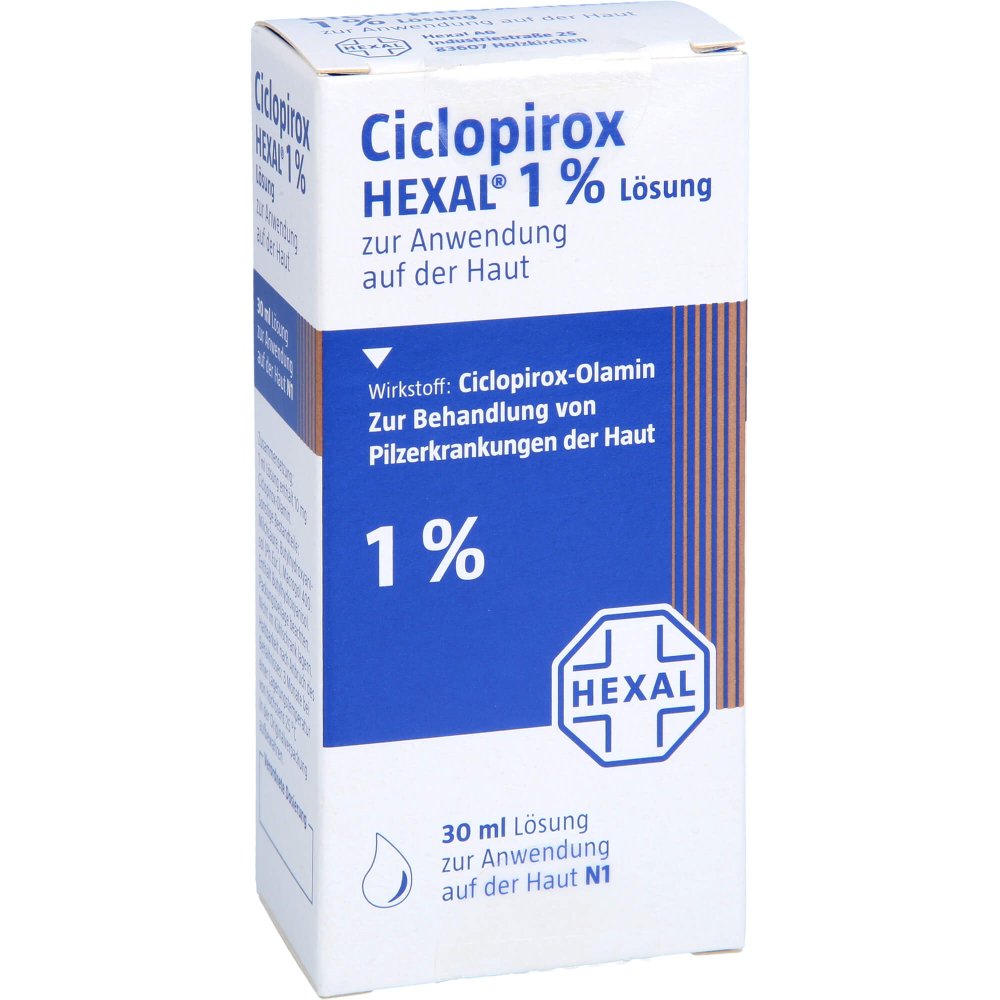 Das Produktfoto zeigt Ciclopirox Hexal 1% Lösung (30 ml) PZN 01888772