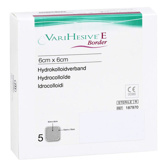 Das Produktfoto zeigt Varihesive E Border 6x6 Cm Hkv Hydroaktiv 965251 (5 stk) PZN 01891225