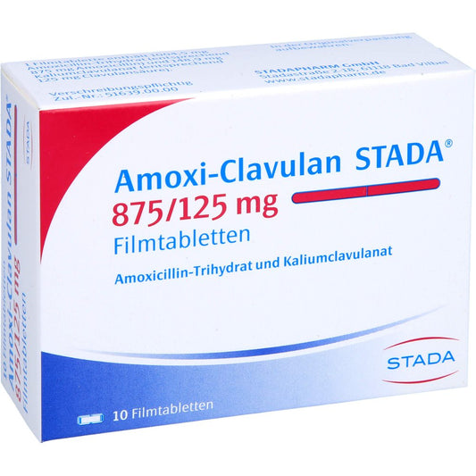 Das Produktfoto zeigt Amoxi-Clavulan Stada 875/125 Mg Filmtabletten (10 stk) PZN 01892265
