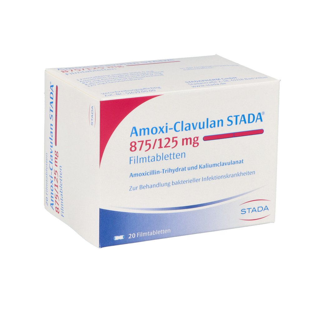 Das Produktfoto zeigt Amoxi-Clavulan Stada 875/125 Mg Filmtabletten (20 stk) PZN 01892271