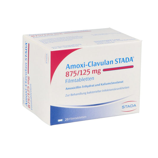 Das Produktfoto zeigt Amoxi-Clavulan Stada 875/125 Mg Filmtabletten (20 stk) PZN 01892271