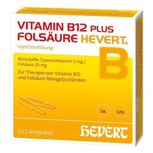 Das Produktfoto zeigt Vitamin B12 Plus Folsäure Hevert A 2 Ml Ampullen (2X5X2 ml) PZN 01893951