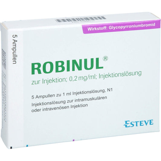 Das Produktfoto zeigt Robinul Zur Injektion 0,2 Mg/Ml Injektionslsg. (5X1 ml) PZN 01894117