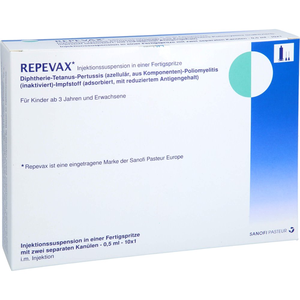 Das Produktfoto zeigt Repevax Injekt.-Susp.I.E.Fertigspritze Mit Kanüle (10 stk) PZN 01902207
