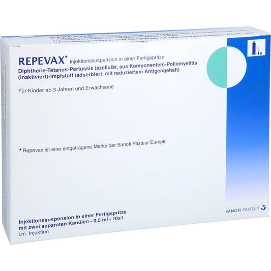 Das Produktfoto zeigt Repevax Injekt.-Susp.I.E.Fertigspritze Mit Kanüle (10 stk) PZN 01902207