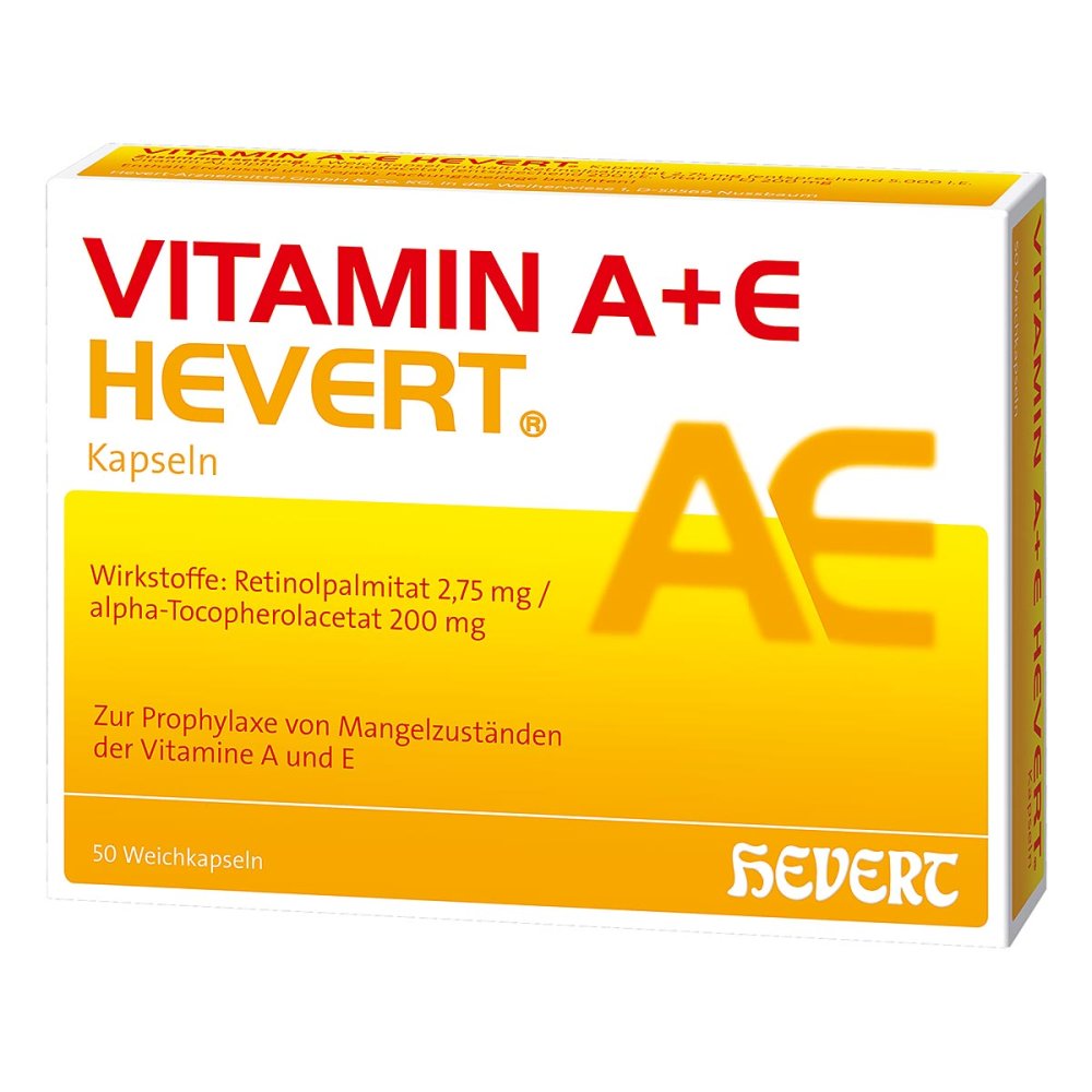 Das Produktfoto zeigt Vitamin A+E Hevert Kapseln (50 stk) PZN 01905453