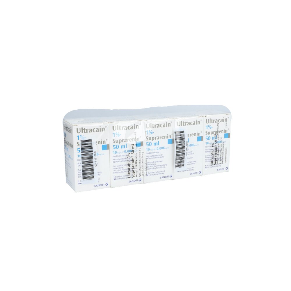 Das Produktfoto zeigt Ultracain 1% Suprarenin 50 Ml Amp.Fl. (5X50 ml) PZN 01913808