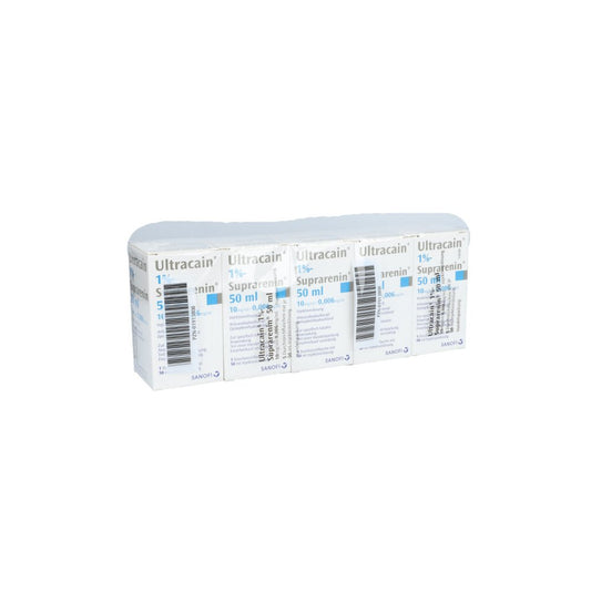 Das Produktfoto zeigt Ultracain 1% Suprarenin 50 Ml Amp.Fl. (5X50 ml) PZN 01913808