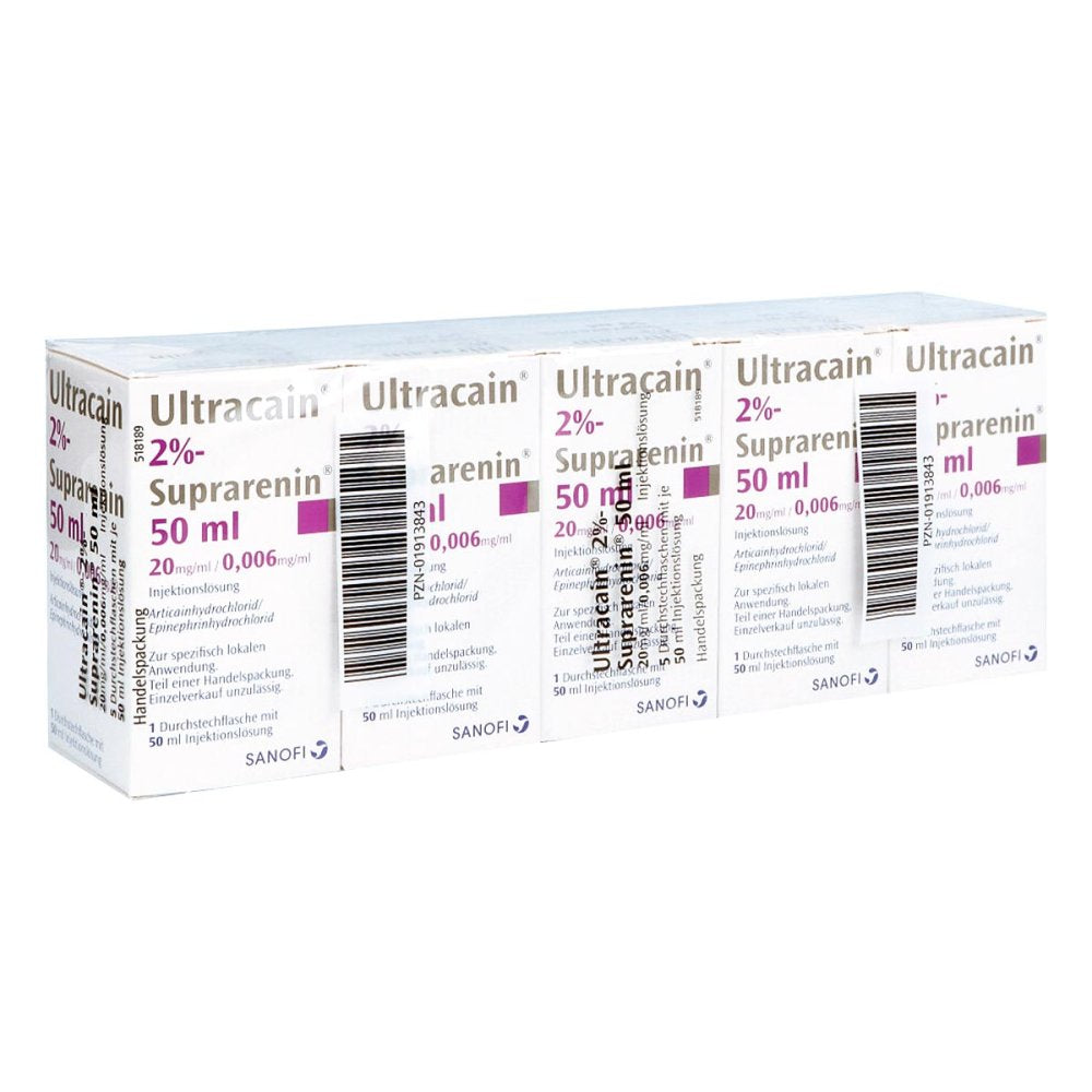 Das Produktfoto zeigt Ultracain 2% Suprarenin 50 Ml Amp.Fl. (5X50 ml) PZN 01913843