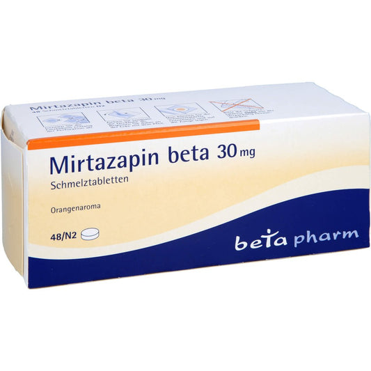 Das Produktfoto zeigt Mirtazapin Beta 30 Mg Schmelztabletten (48 stk) PZN 01923882