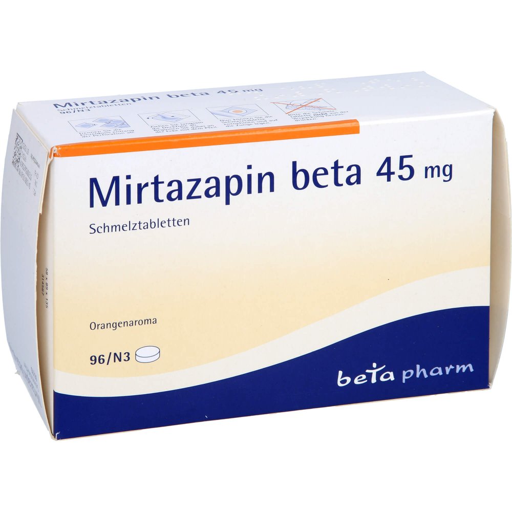 Das Produktfoto zeigt Mirtazapin Beta 45 Mg Schmelztabletten (96 stk) PZN 01924019