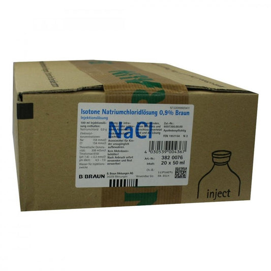 Das Produktfoto zeigt Kochsalzlösung 0,9% Injektionslösung (20X50 ml) PZN 01957154