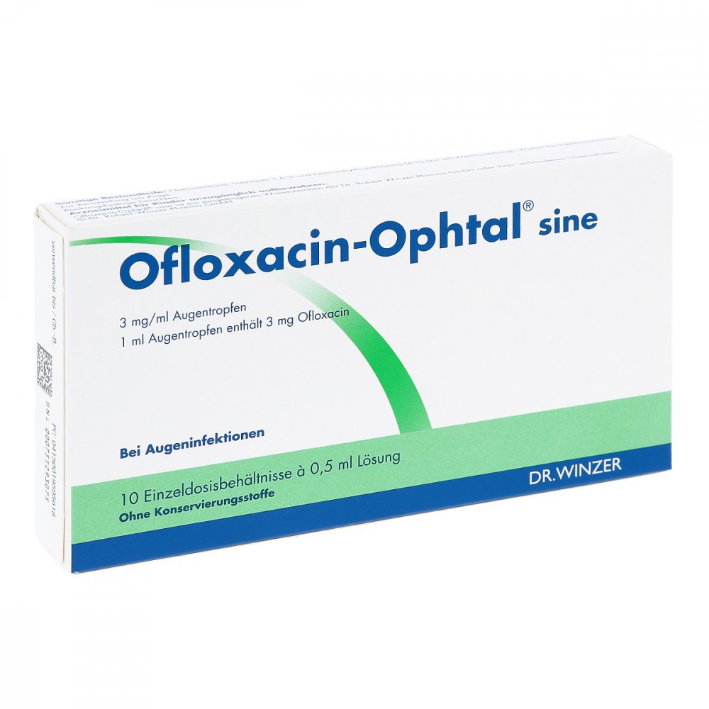 Das Produktfoto zeigt Ofloxacin-Ophtal Sine 3 Mg/Ml Atr.I.Einzeldosisb. (10X0.5 ml) PZN 01959561