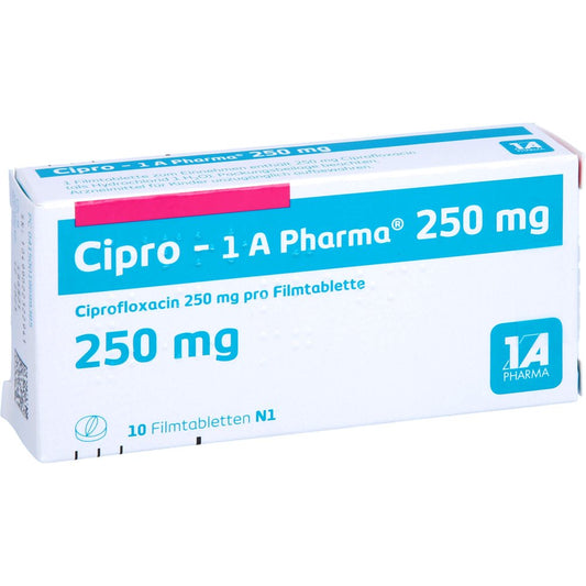 Das Produktfoto zeigt Cipro-1a Pharma 250 Mg Filmtabletten (10 stk) PZN 01969938