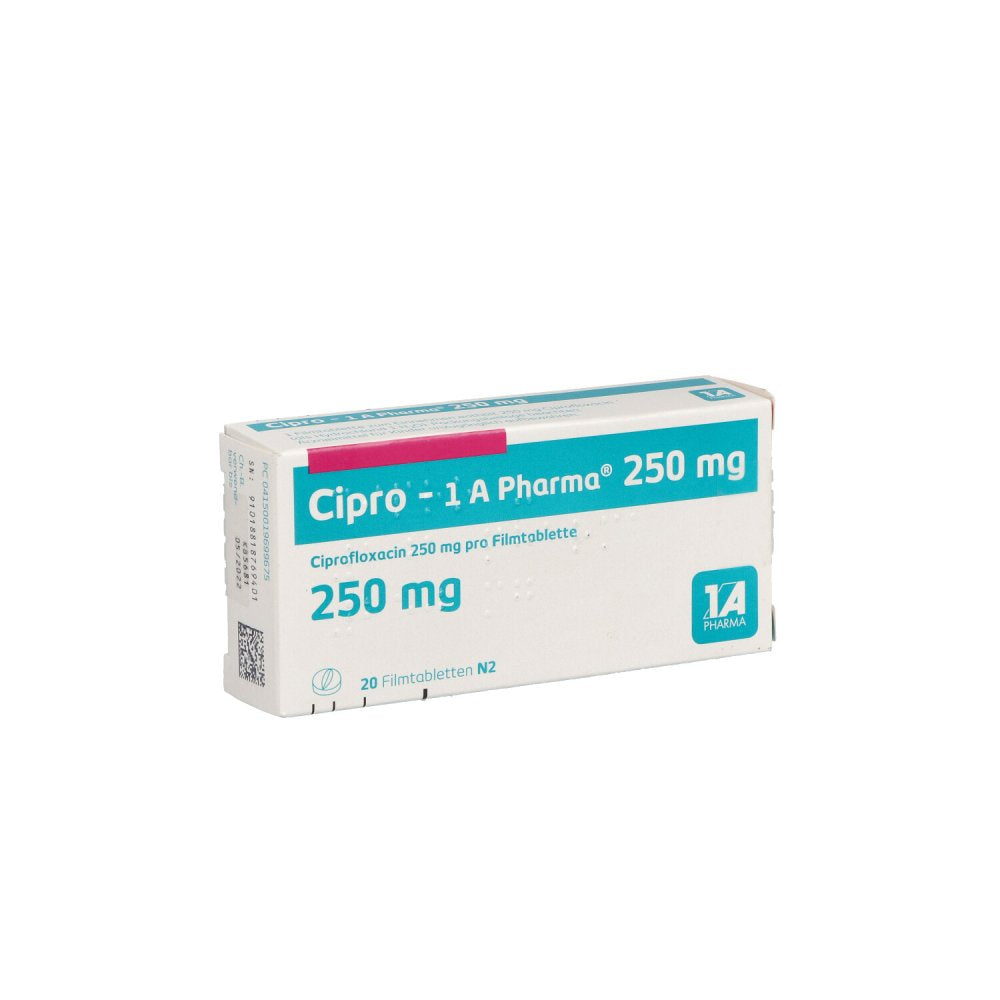 Das Produktfoto zeigt Cipro-1a Pharma 250 Mg Filmtabletten (20 stk) PZN 01969967