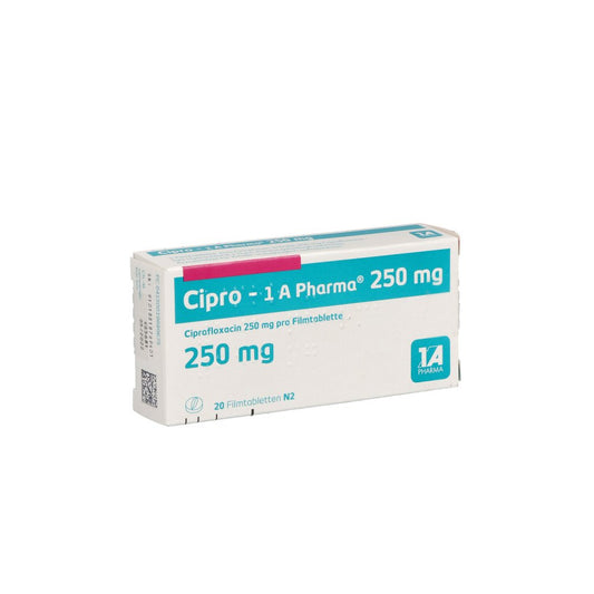 Das Produktfoto zeigt Cipro-1a Pharma 250 Mg Filmtabletten (20 stk) PZN 01969967
