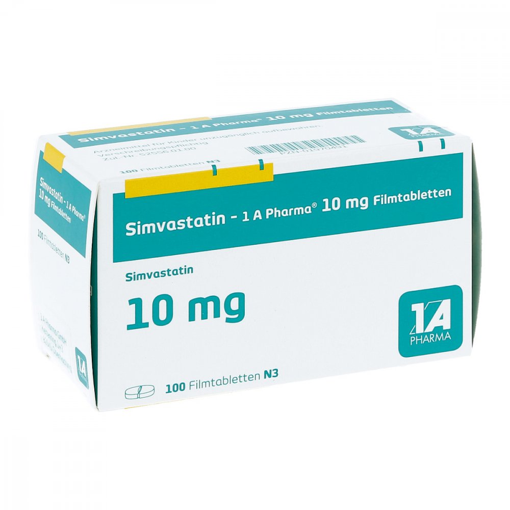 Das Produktfoto zeigt Simvastatin-1a Pharma 10 Mg Filmtabletten (100 stk) PZN 01970491