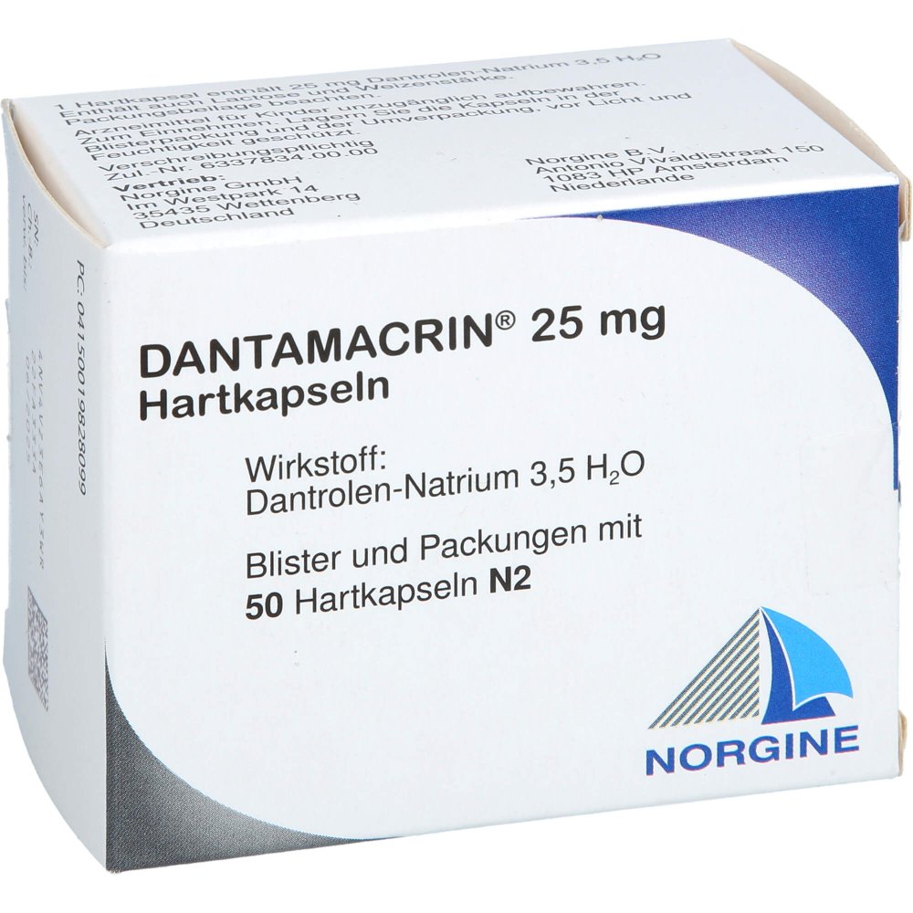 Das Produktfoto zeigt Dantamacrin 25 Mg Hartkapseln (50 stk) PZN 01982809