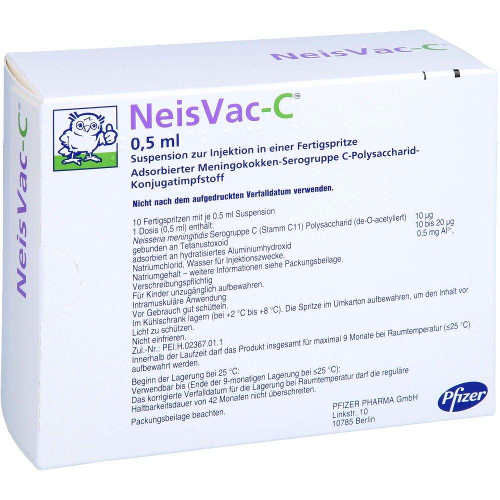 Das Produktfoto zeigt Neisvac-C Injektionssuspension I.E.Fertigspritze (10X0.5 ml) PZN 01985481