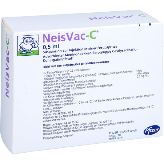 Das Produktfoto zeigt Neisvac-C Injektionssuspension I.E.Fertigspritze (10X0.5 ml) PZN 01985481