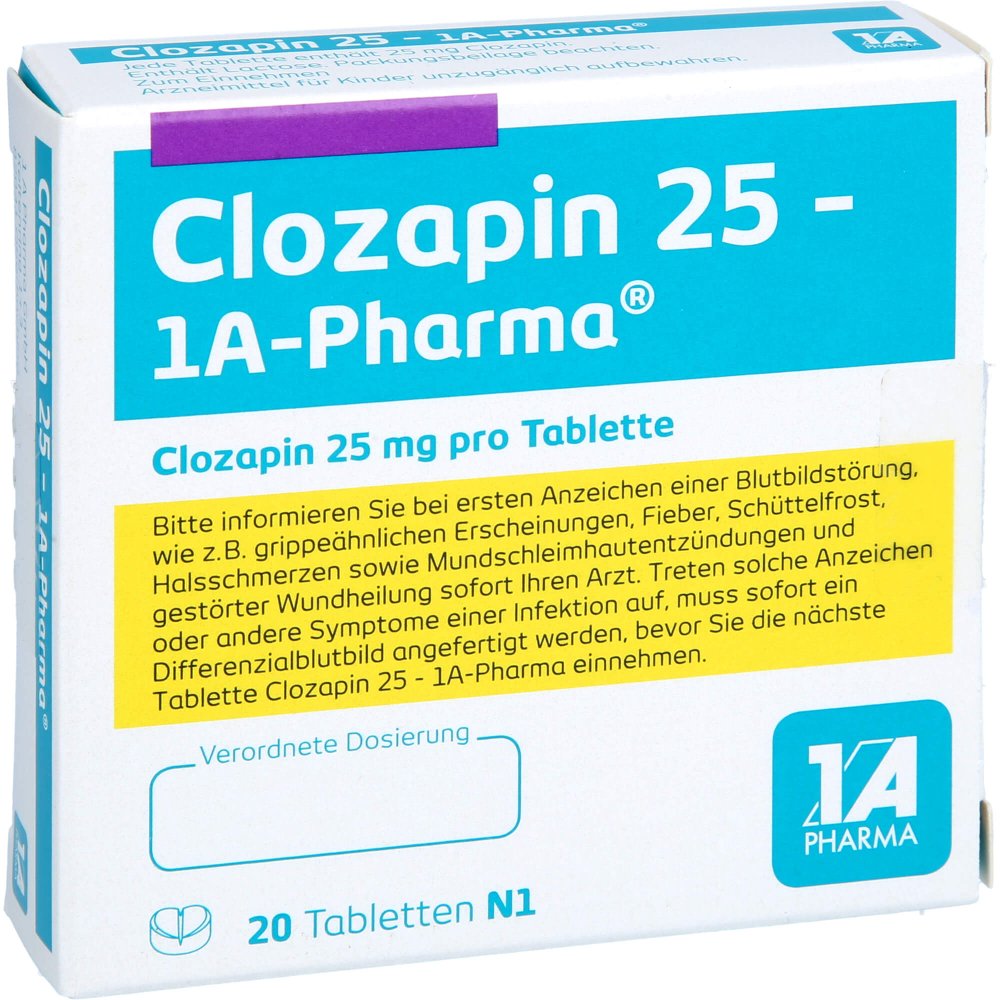 Das Produktfoto zeigt Clozapin 25-1a Pharma Tabletten (20 stk) PZN 02013165