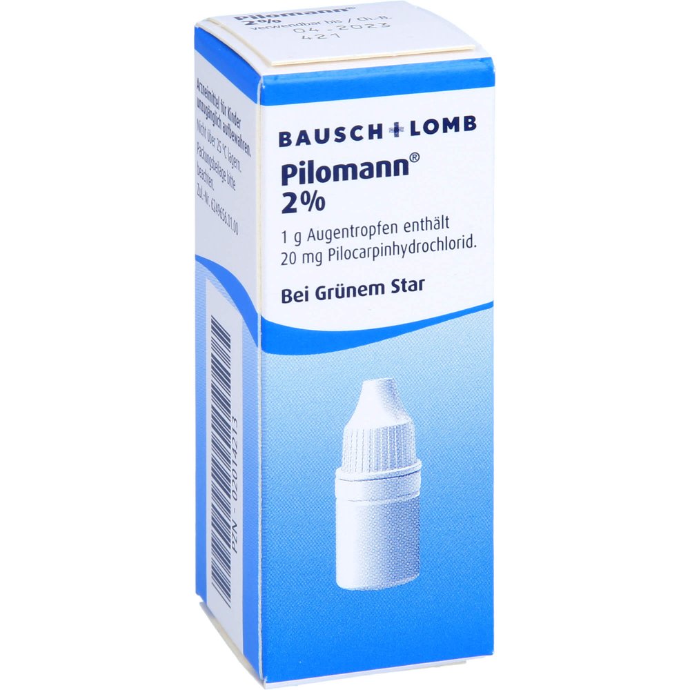 Das Produktfoto zeigt Pilomann 2% Augentropfen (10 ml) PZN 02014213