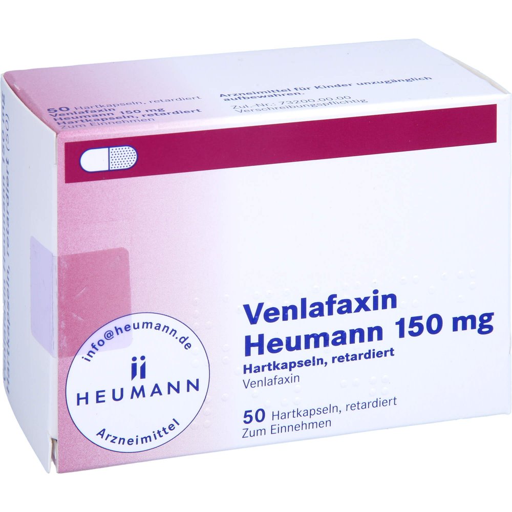 Das Produktfoto zeigt Venlafaxin Heumann 150 Mg Hartkapseln Retardiert (50 stk) PZN 02030761