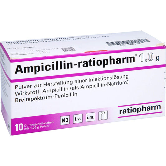 Das Produktfoto zeigt Ampicillin-Ratiopharm 1,0 G Plv.Z.Her.E.Inj.-Lsg. (10 stk) PZN 02036628
