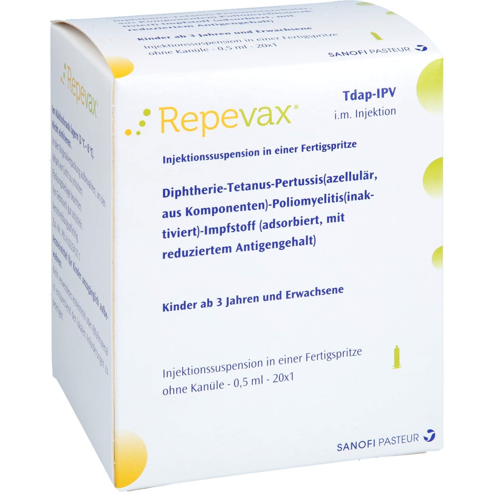 Das Produktfoto zeigt Repevax Injekt.-Susp.I.E.Fertigspritze Ohne Kanüle (20X1 stk) PZN 02042971