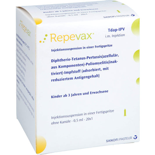 Das Produktfoto zeigt Repevax Injekt.-Susp.I.E.Fertigspritze Ohne Kanüle (20X1 stk) PZN 02042971