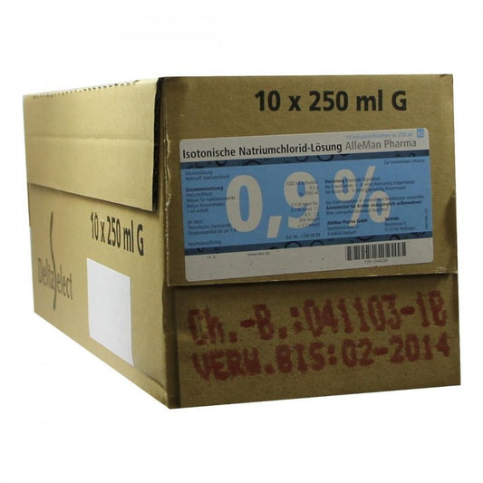 Das Produktfoto zeigt Isotonische Nacl 0,9% Deltamedica Inf.-Lsg.Glasfl. (10X250 ml) PZN 02044289