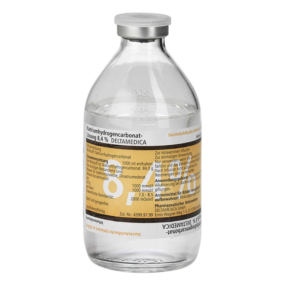 Das Produktfoto zeigt Natriumhydrogencarbonat-Lsg.8,4% Deltamedica Glas (10X250 ml) PZN 02045484