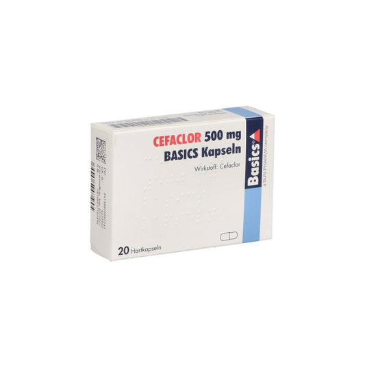 Das Produktfoto zeigt Cefaclor 500 Mg Basics Hartkapseln (20 stk) PZN 02050226