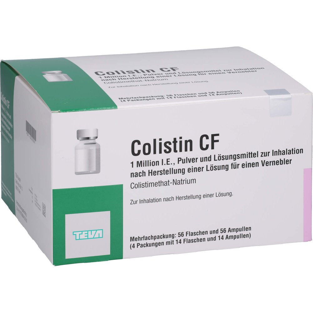 Das Produktfoto zeigt Colistin Cf 1 Million I.E. P.+Lm Her.Lsg.F.Verneb. (56 stk) PZN 02050551