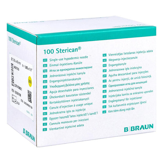 Das Produktfoto zeigt Sterican Kanülen Luer-Lok 0,90x40 Mm Gr.1 Gelb (100 stk) PZN 02050798