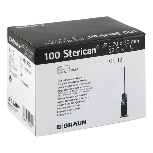 Das Produktfoto zeigt Sterican Kanülen Luer-Lok 0,70x30 Mm Gr.12 Schwarz (100 stk) PZN 02050812